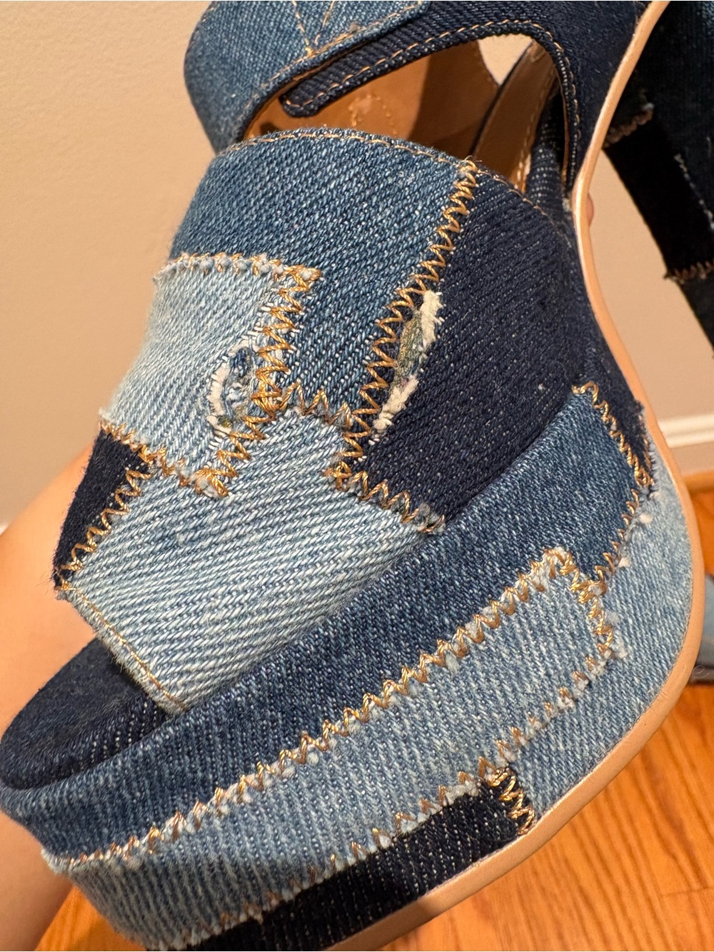 See by Chloé Denim Patchwork Block Heel Platform Sandals Sz 39 * - Picture 4 of 14